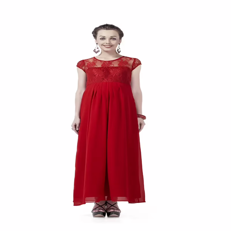 Radiation Safe- Comfortable Round Neck Cut Sleeves, Floral Lace And Georgette Long Dress