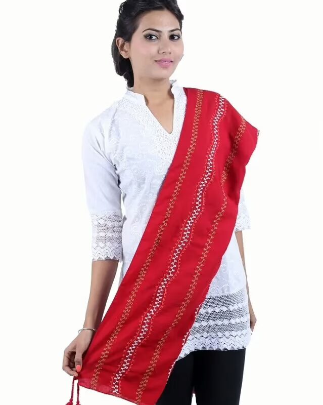 Red Regal Pure Cotton Embroidey Stole with tassels for women