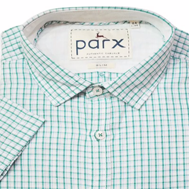 Parx Authentic Casuals Slim Dark Green Blue Check Cotton Linen Shirt-Size 44