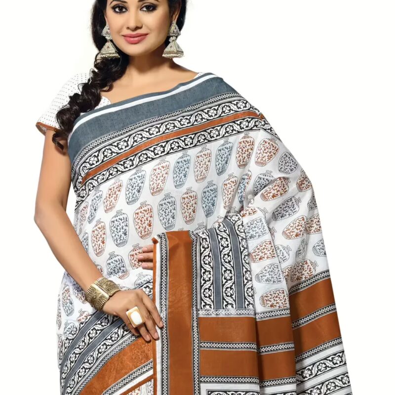 Cotton Bazaar White Cotton Print Saree