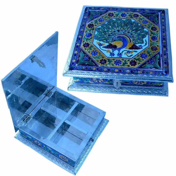 Super Deals Rajasthan White Metal Pure Meenakari Work Dry Fruit Box