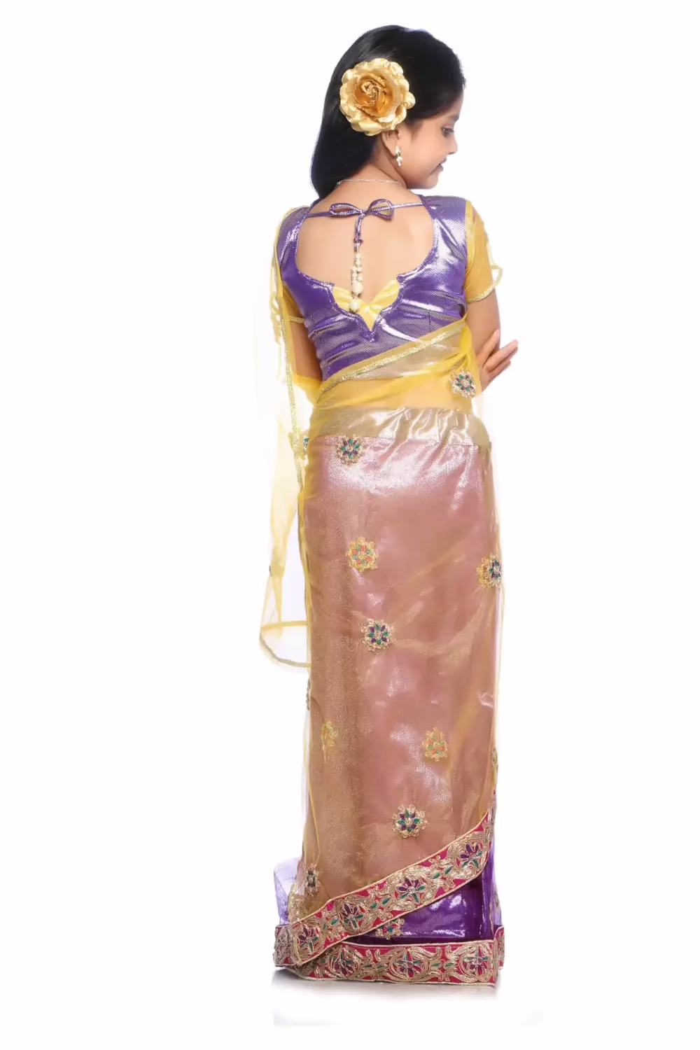 Bhartiya Paridhan -Net Pre Stitched Embroidered Laced Magenta Yellow Saree(2-11 Years) - Image 3