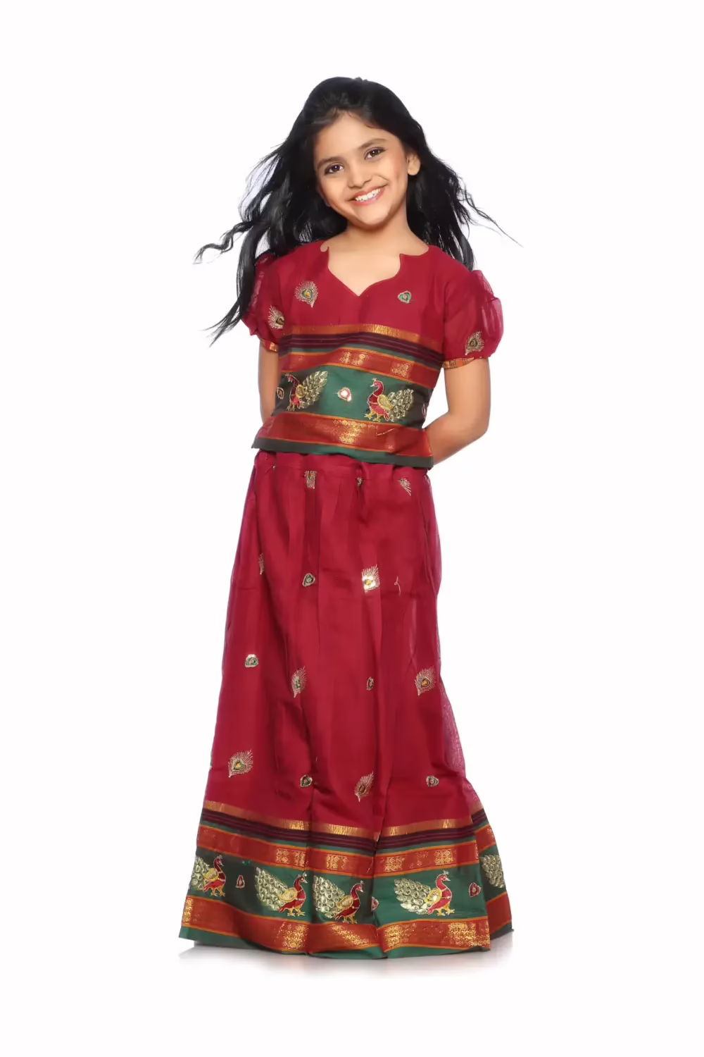 Bhartiya Paridhan -Art Silk Pre Stitched Embroidered Laced Red Saree(6month-9Years)