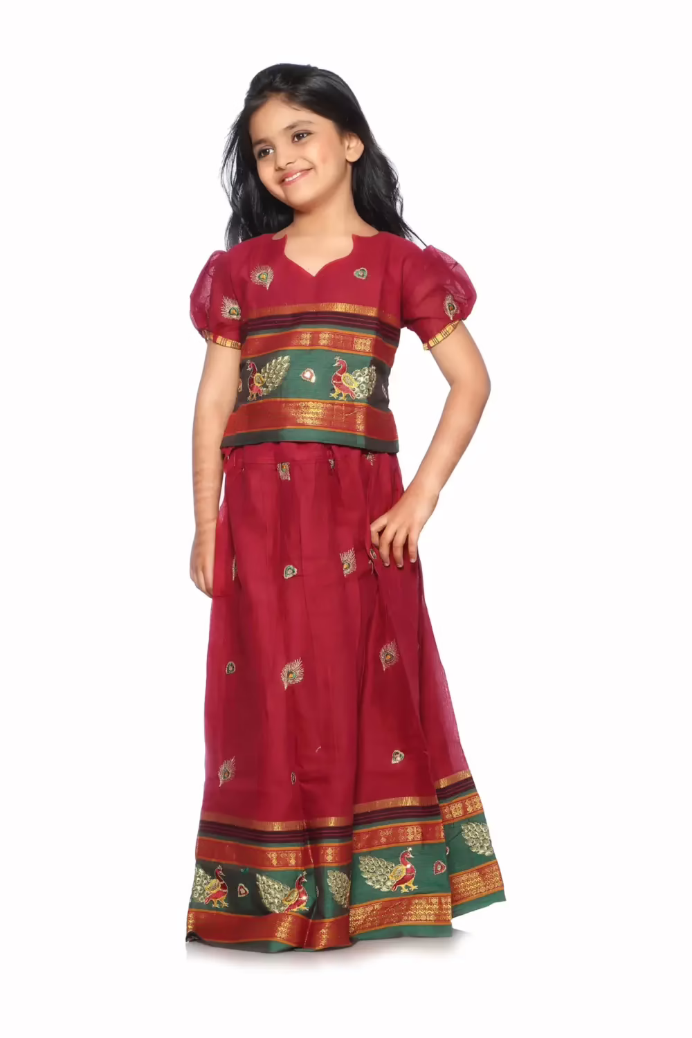 Bhartiya Paridhan -Art Silk Pre Stitched Embroidered Laced Red Saree(6month-9Years) - Image 2
