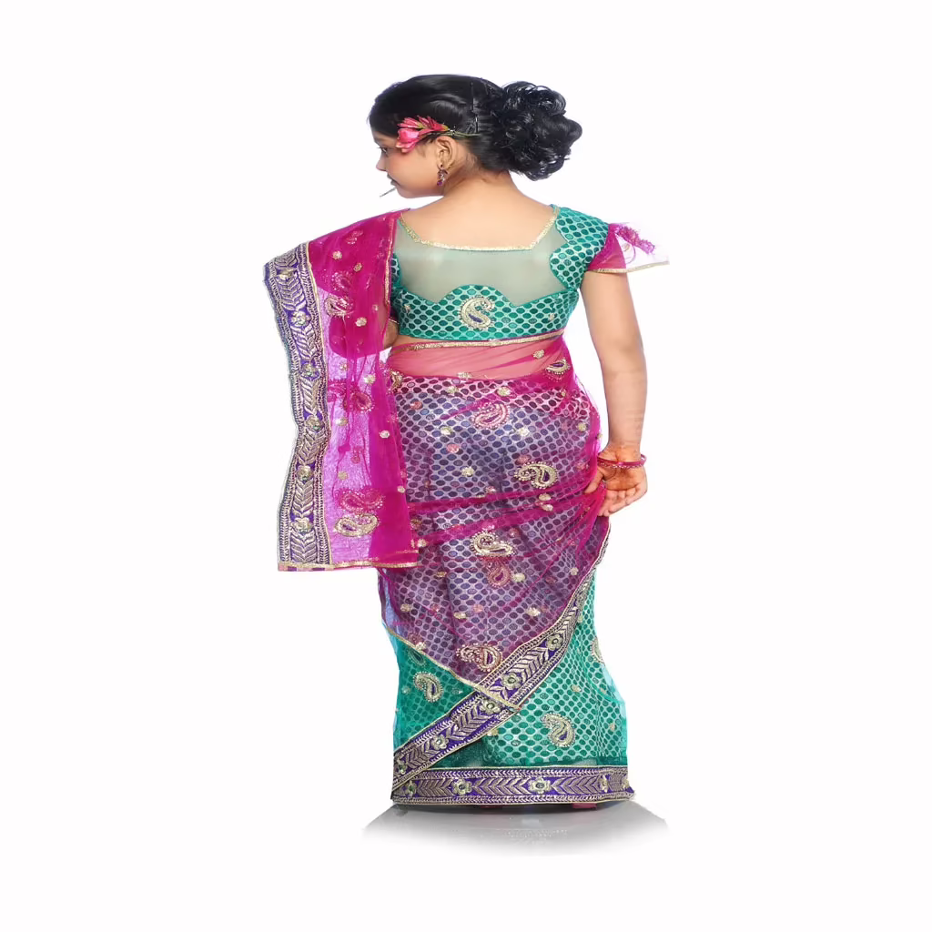 Bhartiya Paridhan -Net Pre Stitched Embroidered Laced Rama Green Rani Saree(2-11 Years) - Image 2