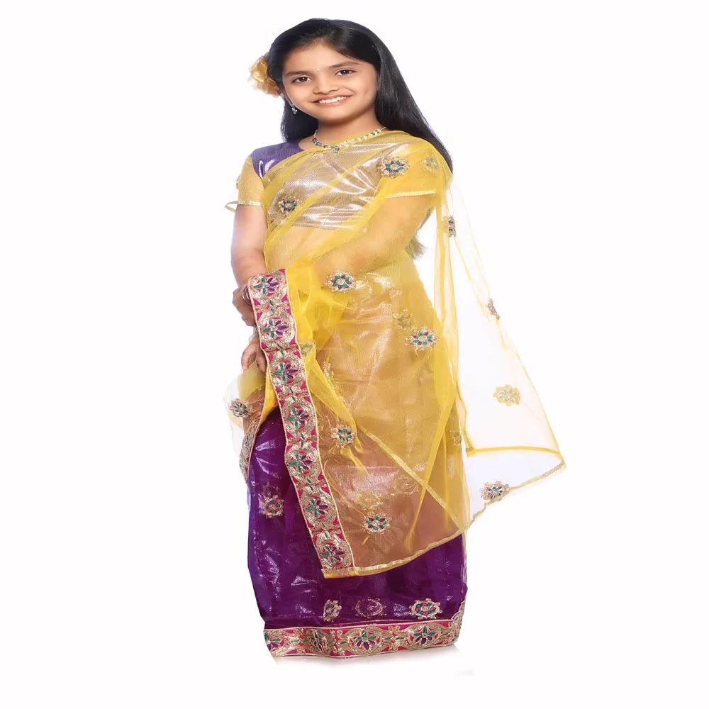 Bhartiya Paridhan -Net Pre Stitched Embroidered Laced Magenta Yellow Saree(2-11 Years)