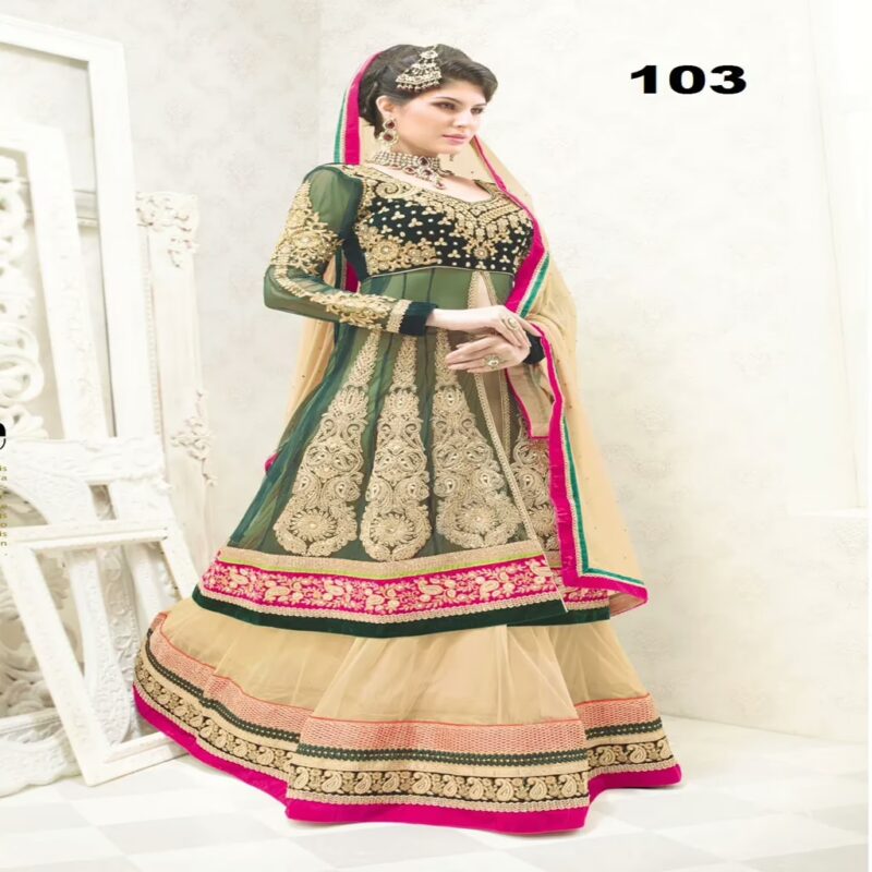 F3 Fashion Cream & Green Anarkali Suit