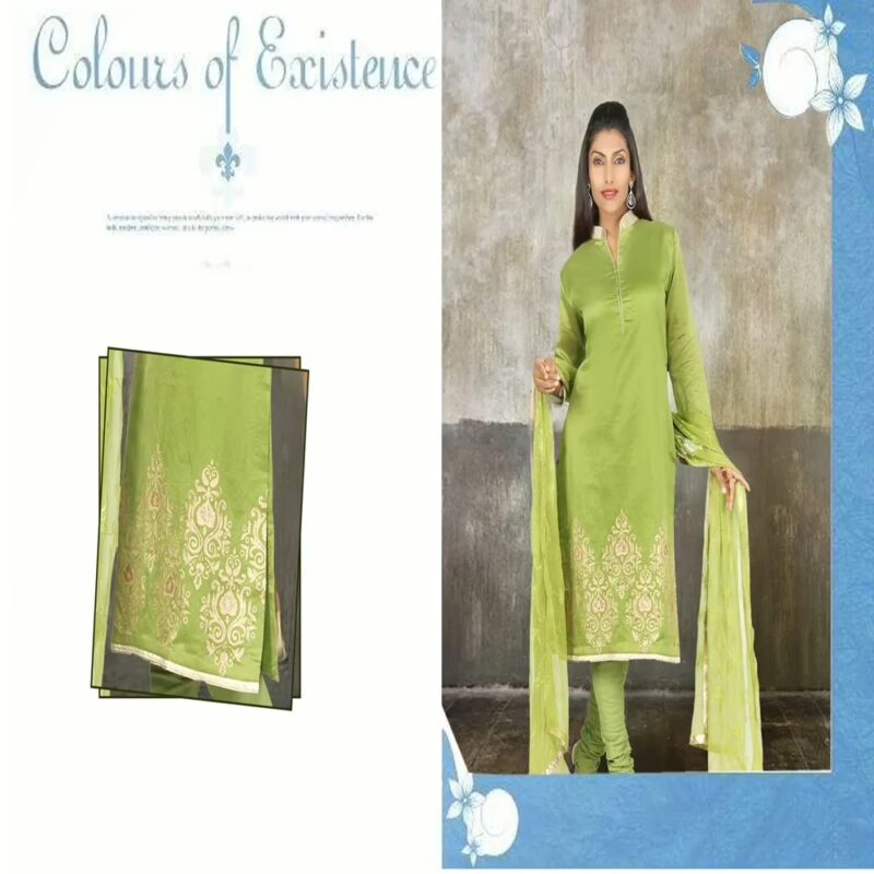 Pazaar Olive-Drab Green Embroidered Festival Churidar Kameez Suit Set