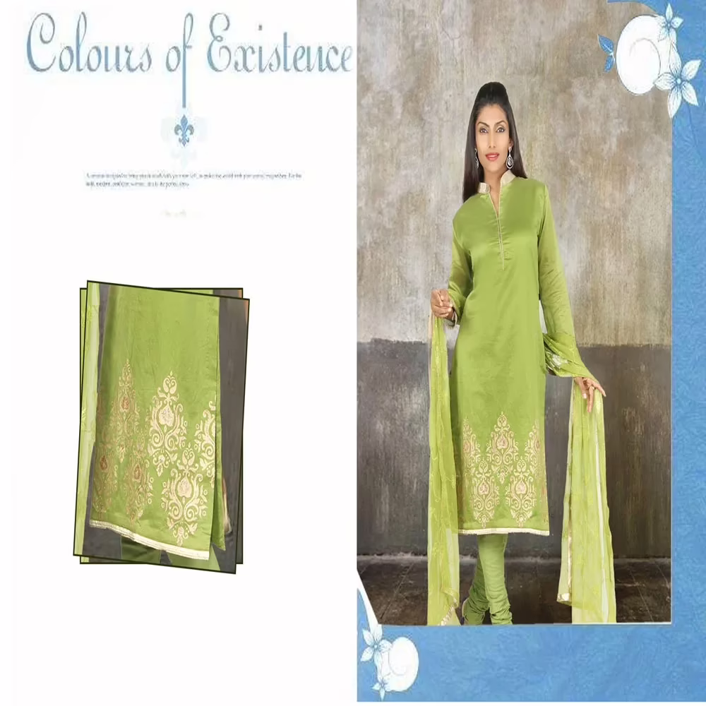 Pazaar Olive-Drab Green Embroidered Festival Churidar Kameez Suit Set