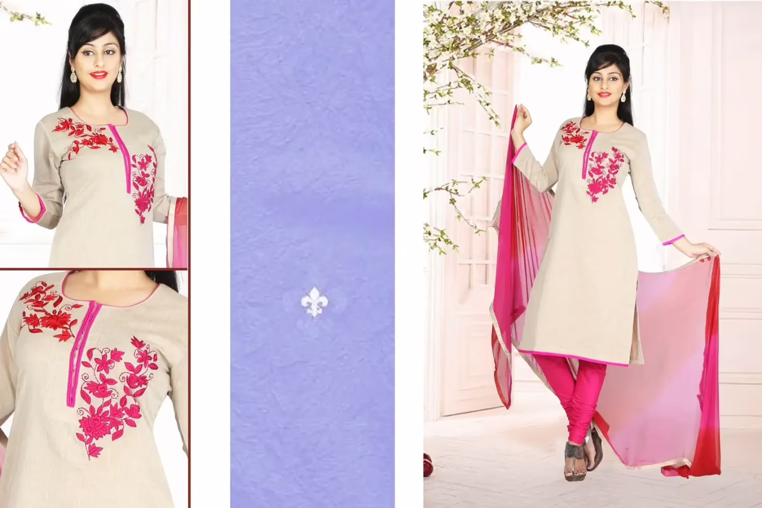 Pazaar Peach Yellow Embroidered Festival Churidar Kameez Suit Set