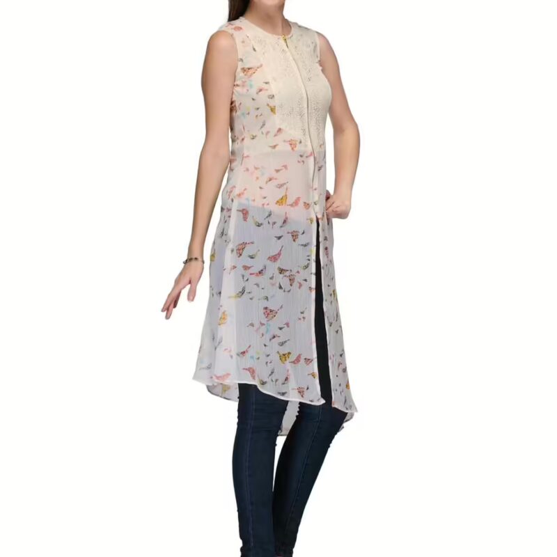 Raas Prêt Stylish Bird Print Creme Chiffon Sheer Tunic