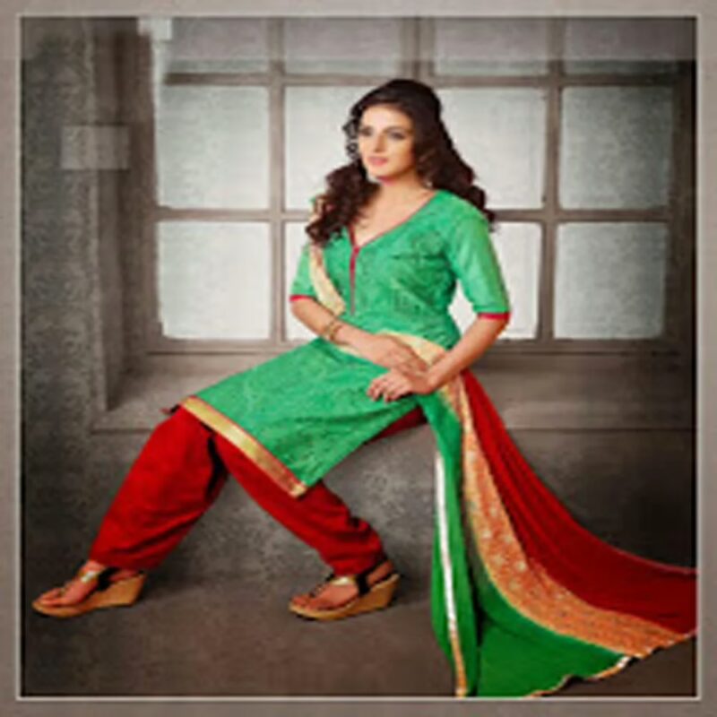 Hi Fashion Green Red Embroidered Semi Stitched Salwar Kameez