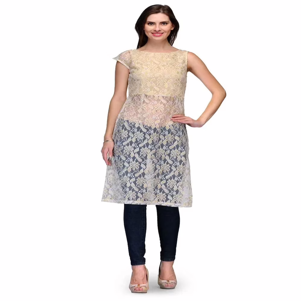 Raas prêt Sheer Floral-Design Gold/ White Contemporary Tunic - Image 2