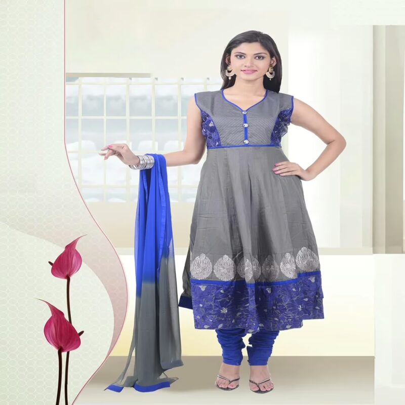 Pazaar Aksi Grey & Persian Blue Embroidered Party Anarkali Churidar Kameez