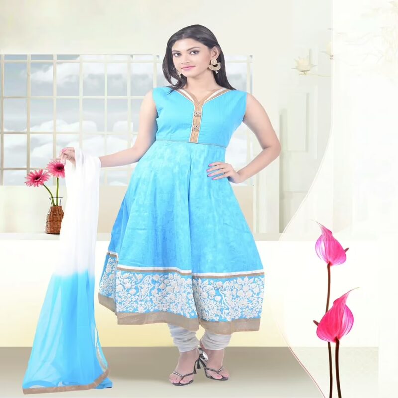 Pazaar Aksi Electric Blue & White Embroidered Party Anarkali Churidar Kameez