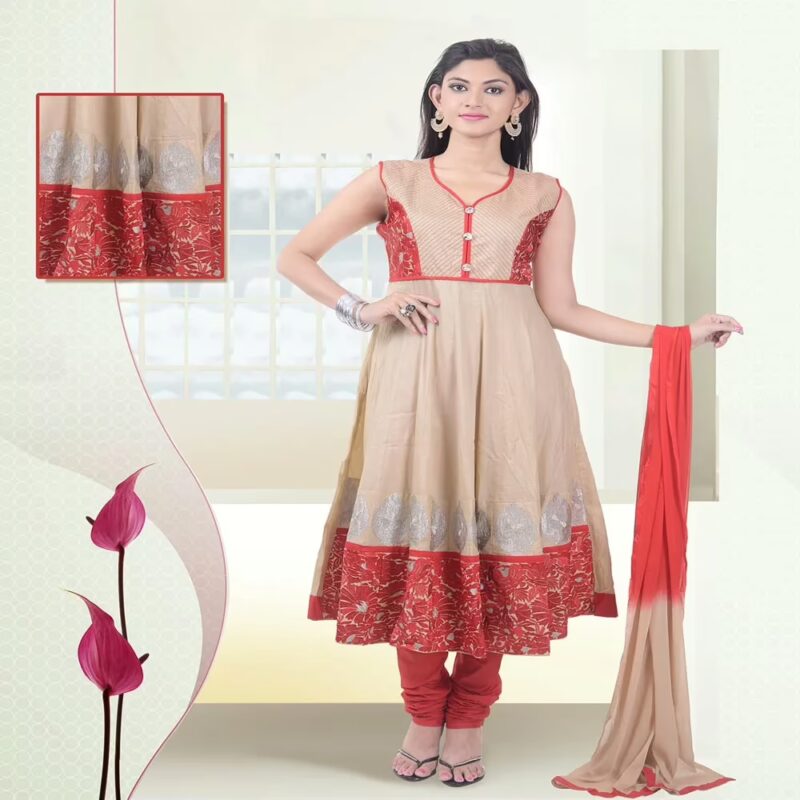 Pazaar Aksi Tan Brown & Rose Madder Red Embroidered Party Anarkali Churidar Kameez