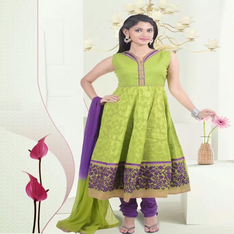 Pazaar Aksi Yellow Green & Amethyst Violet  Embroidered Party Anarkali Churidar Kameez