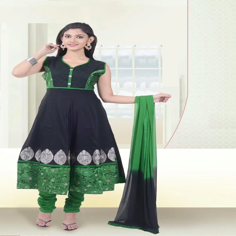 Pazaar Aksi Black & Jade Green Embroidered Party Anarkali Churidar Kameez