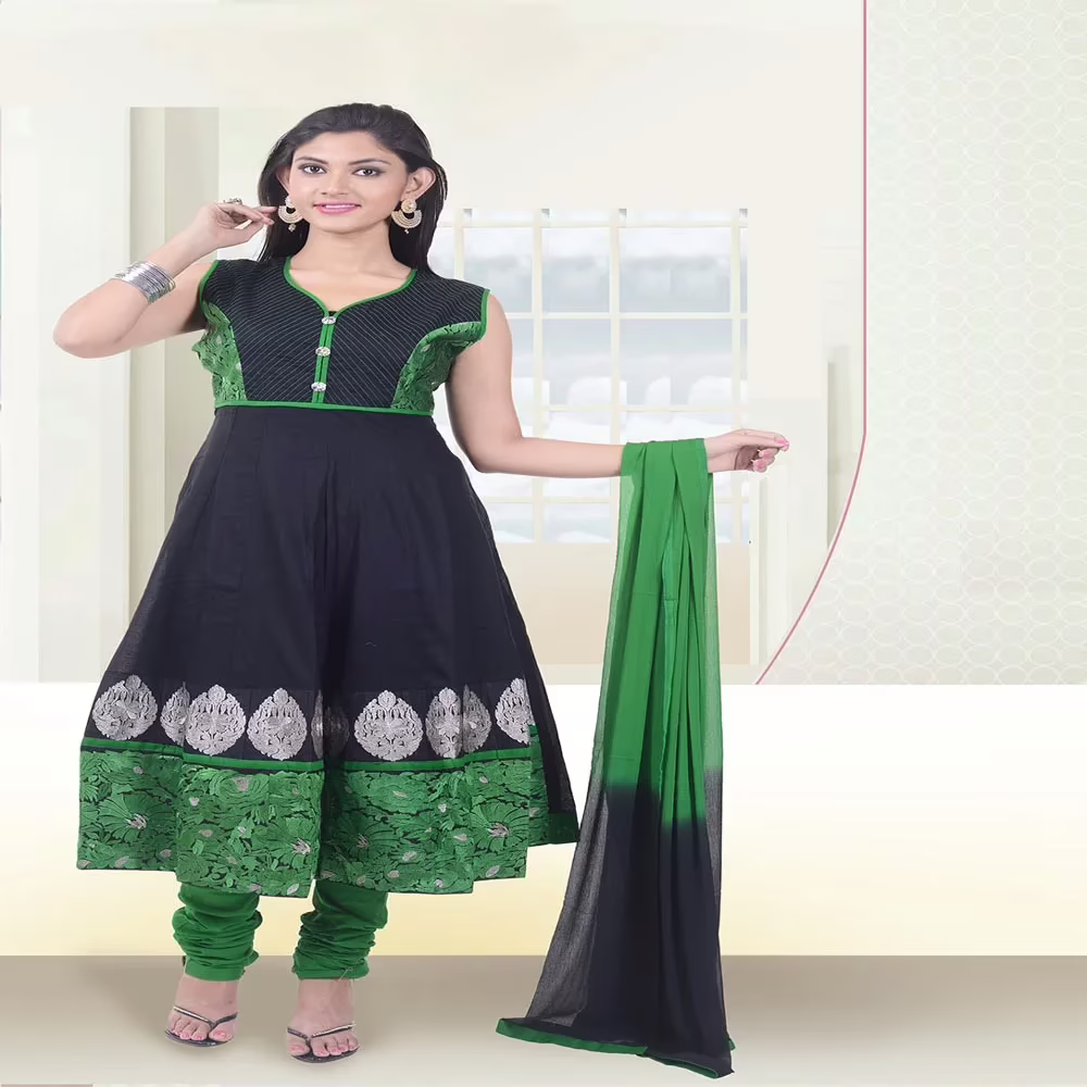 Pazaar Aksi Black & Jade Green Embroidered Party Anarkali Churidar Kameez