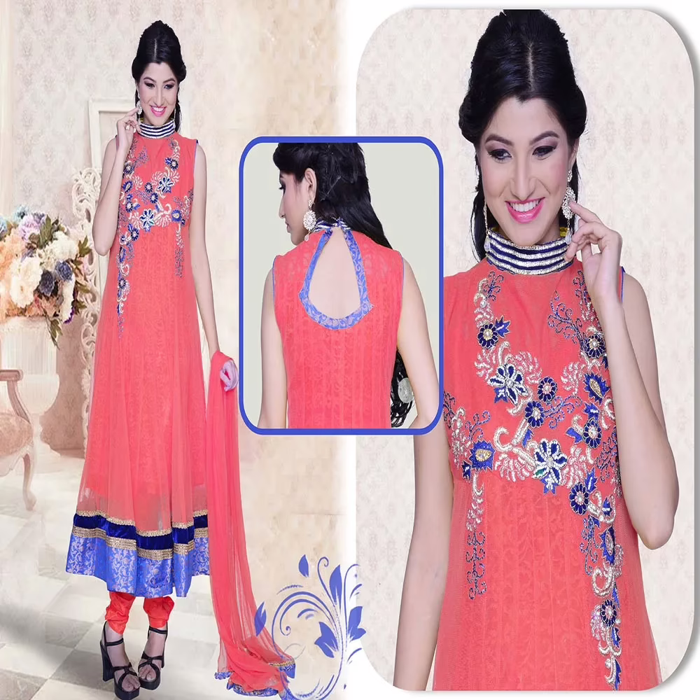 Pazaar Pankhuri Coral Red Embroidered Party Anarkali Kameez