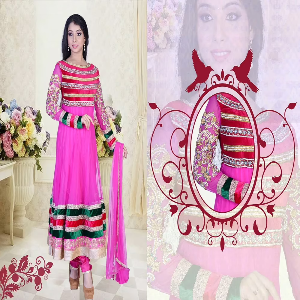 Pazaar Pankhuri Hot Magenta Embroidered festival Anarkali Kameez - Image 2