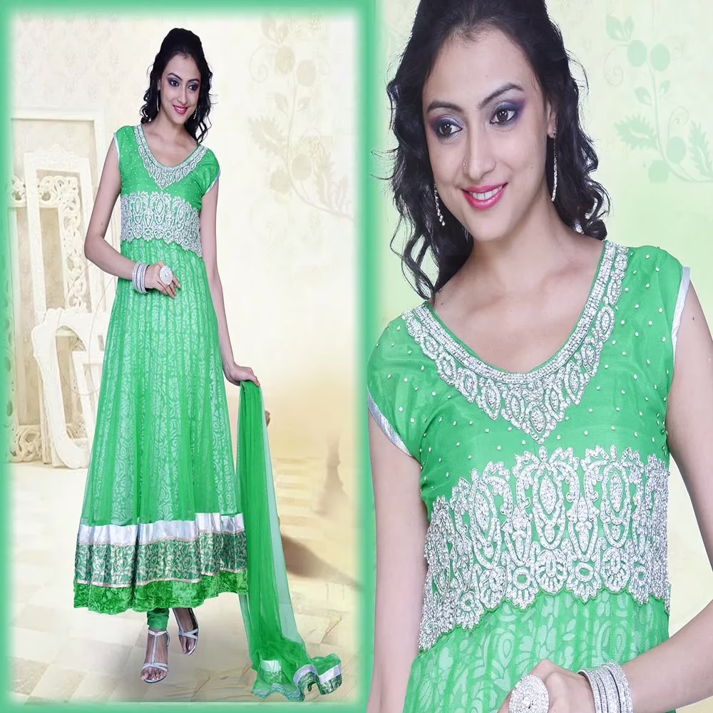 Pazaar Pankhuri Deep Lime Green Embroidered Festival Anarkali Kameez - Image 2