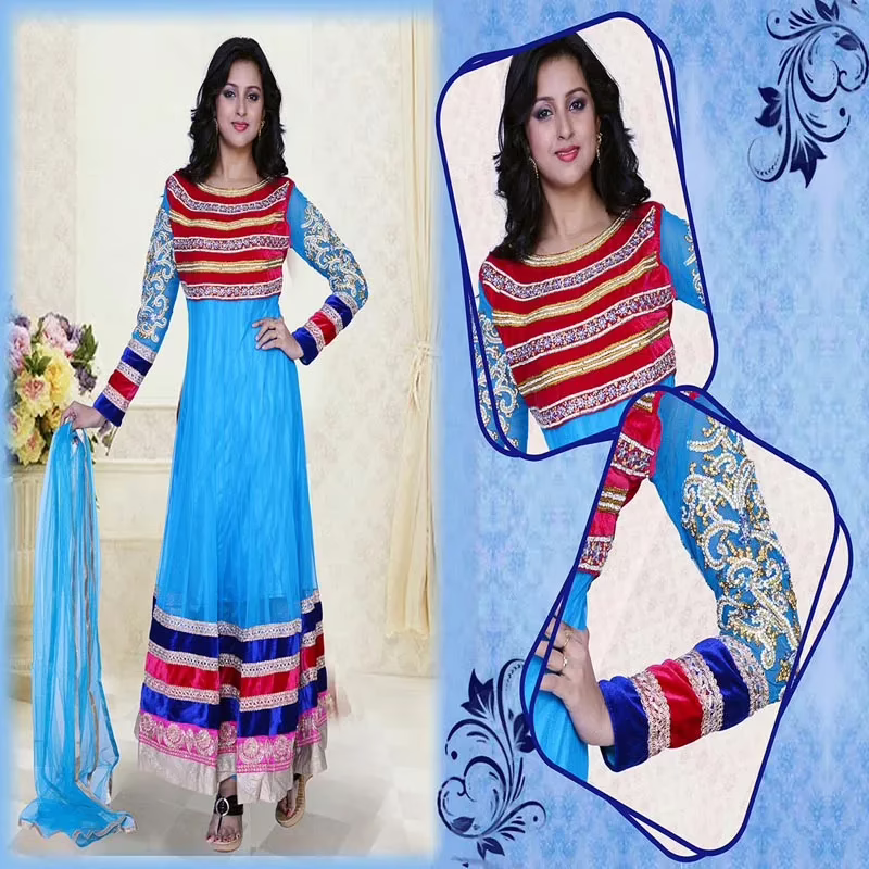 Pazaar Pankhuri Deep Sky Blue Embroidered festival Anarkali Kameez - Image 2