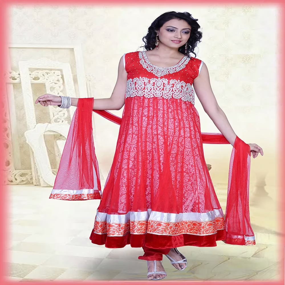 Pazaar Pankhuri Venetian Red Embroidered Festival Anarkali Kameez
