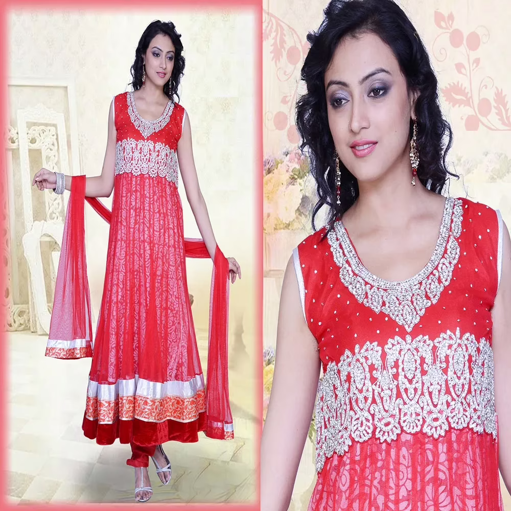 Pazaar Pankhuri Venetian Red Embroidered Festival Anarkali Kameez - Image 2