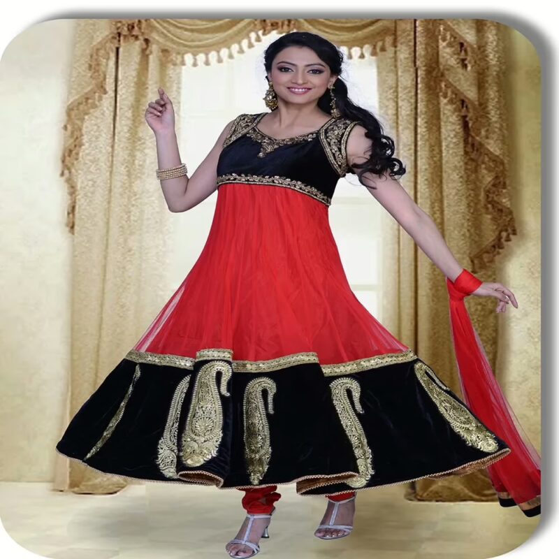 Pazaar Pankhuri Red & Black  Embroidered Party Anarkali Kameez