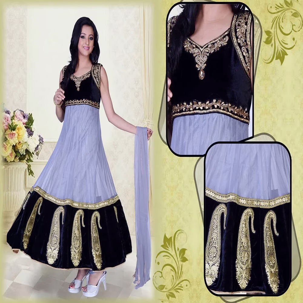 Pazaar Pankhuri Gray & Black Embroidered Party Anarkali Kameez