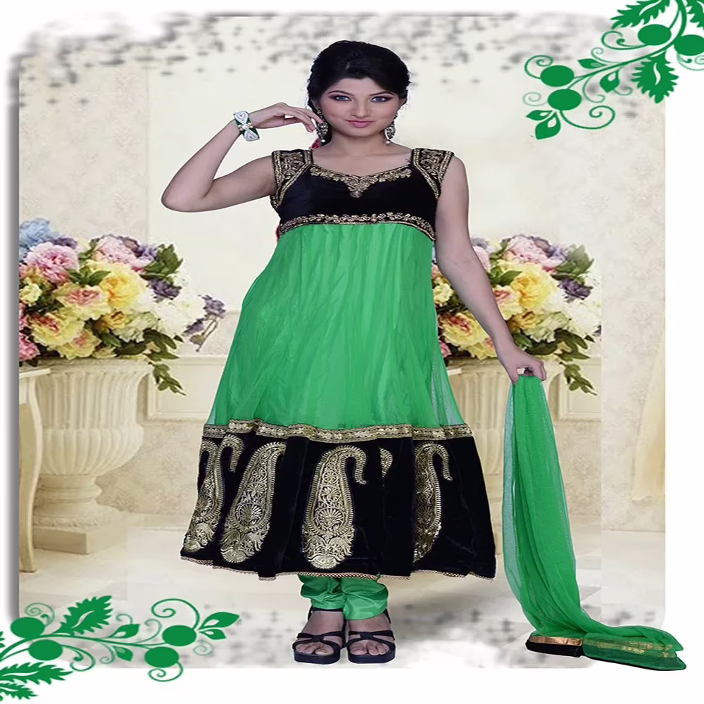 Pazaar Pankhuri Deep Lime Green & Black Embroidered Party Anarkali Kameez