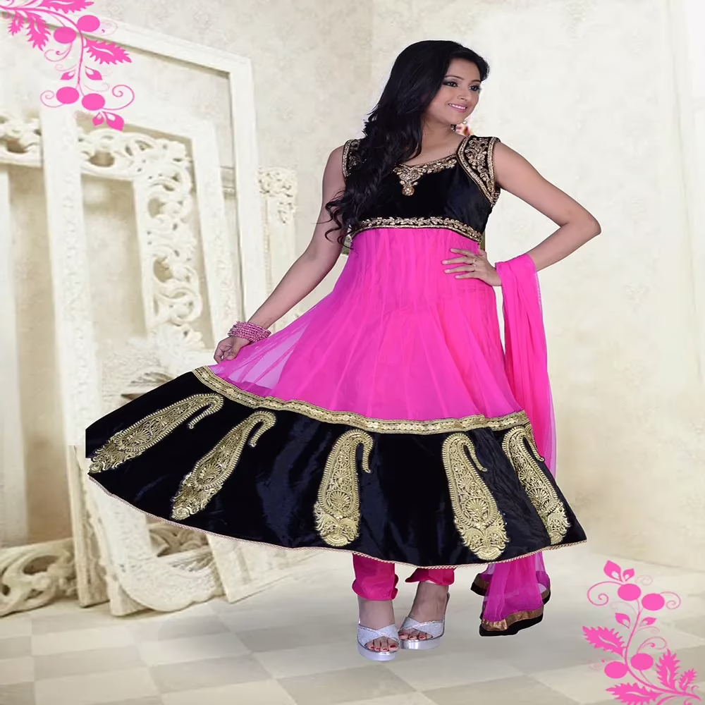 Pazaar Pankhuri Deep Pink & Black Embroidered Party Anarkali Kameez