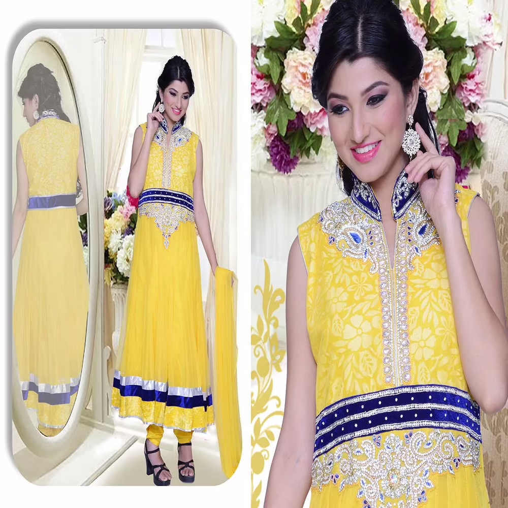 Pazaar Pankhuri Lemon Yellow Embroidered Party Anarkali Kameez