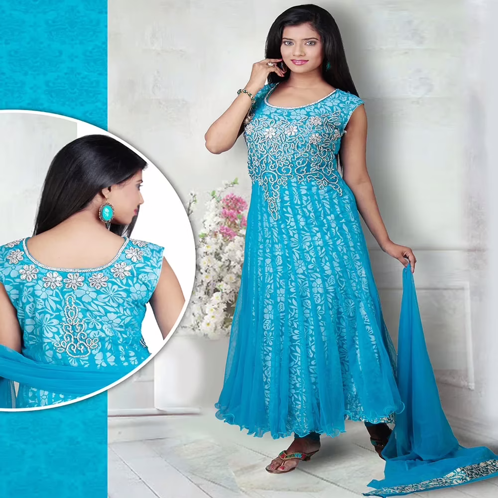 Pazaar Angel Dodger Blue Embroidered Festival Anarkali Churidar Kameez