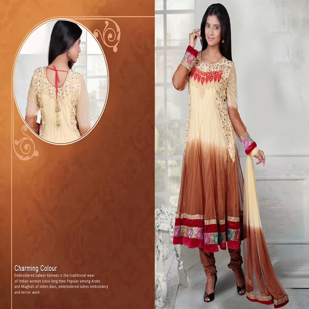 Pazaar Angel Cream Yellow & Sienna Brown Embroidered Festival Anarkali Churidar Kameez