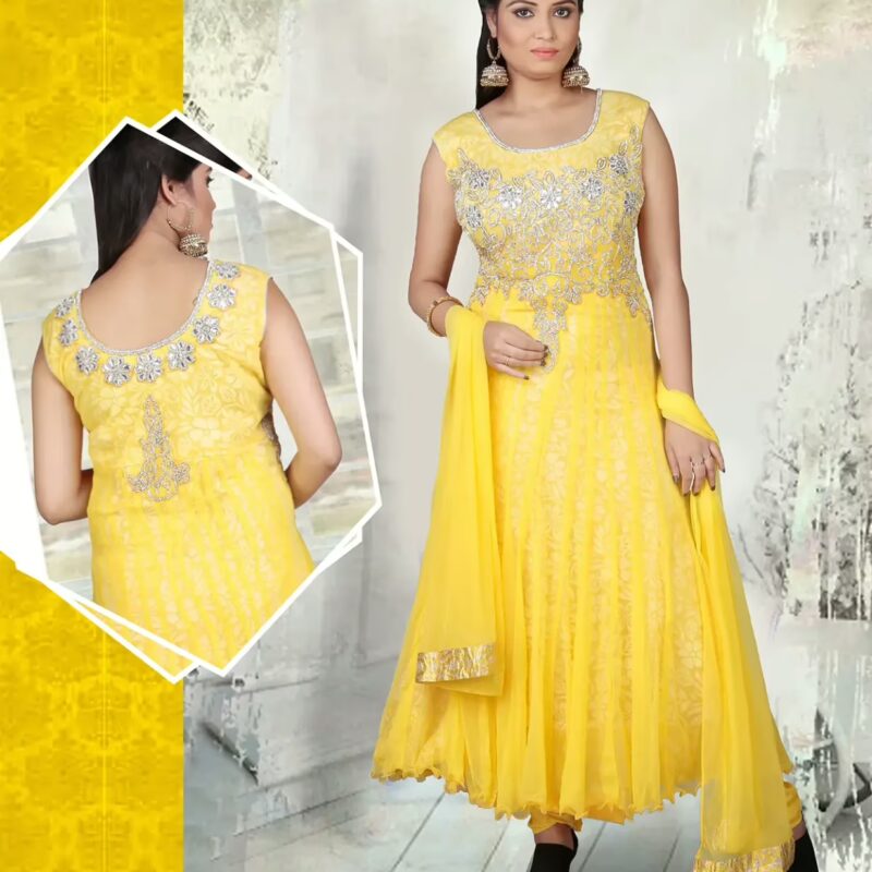 Pazaar Angel Maize Yellow Embroidered Festival Anarkali Churidar Kameez