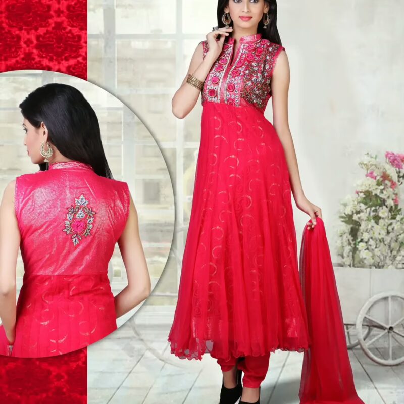 Pazaar Angel Crimson Red Embroidered Festival Anarkali Churidar Kameez