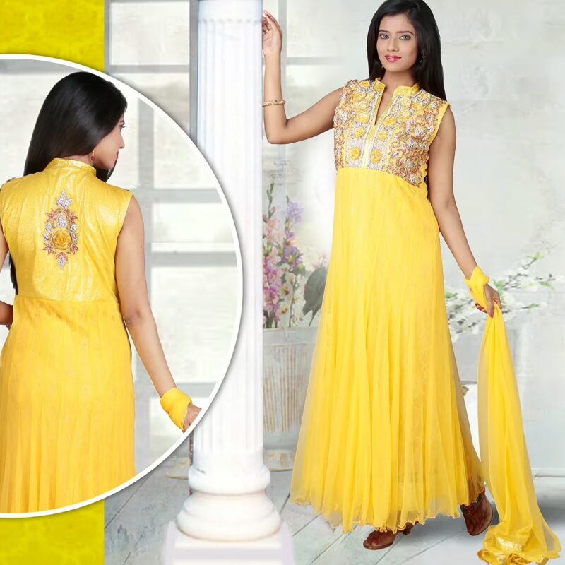 Pazaar Angel Golden Yellow Embroidered Festival Anarkali Churidar Kameez