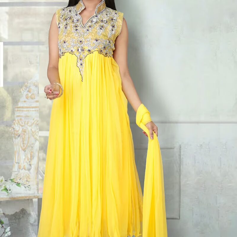 Pazaar Angel Maize Yellow  Embroidered Festival Anarkali Churidar Kameez