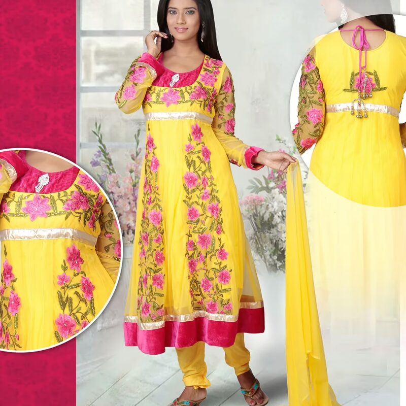 Pazaar Angel Maize Yellow Embroidered Festival Anarkali Churidar Kameez