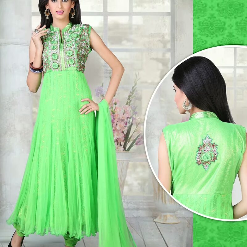 Pazaar Angel Lime Green Embroidered Festival Anarkali Churidar Kameez