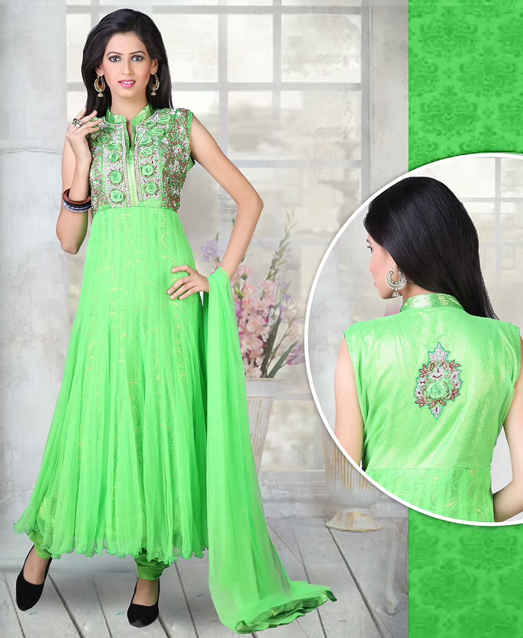Pazaar Angel Lime Green Embroidered Festival Anarkali Churidar Kameez