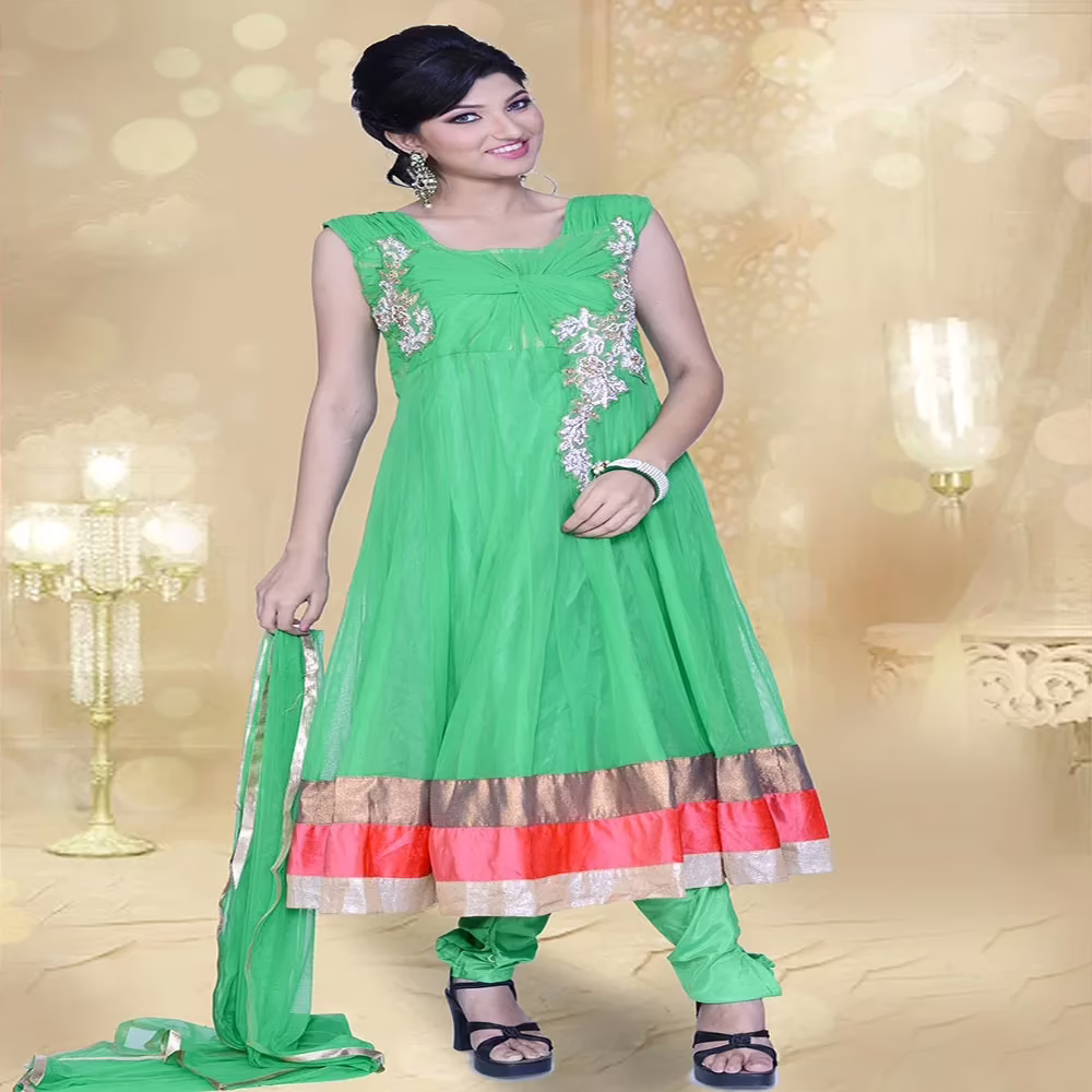 Pazaar Prakriti Anarkali Deep Lime Green Embroidered Festival Kameez