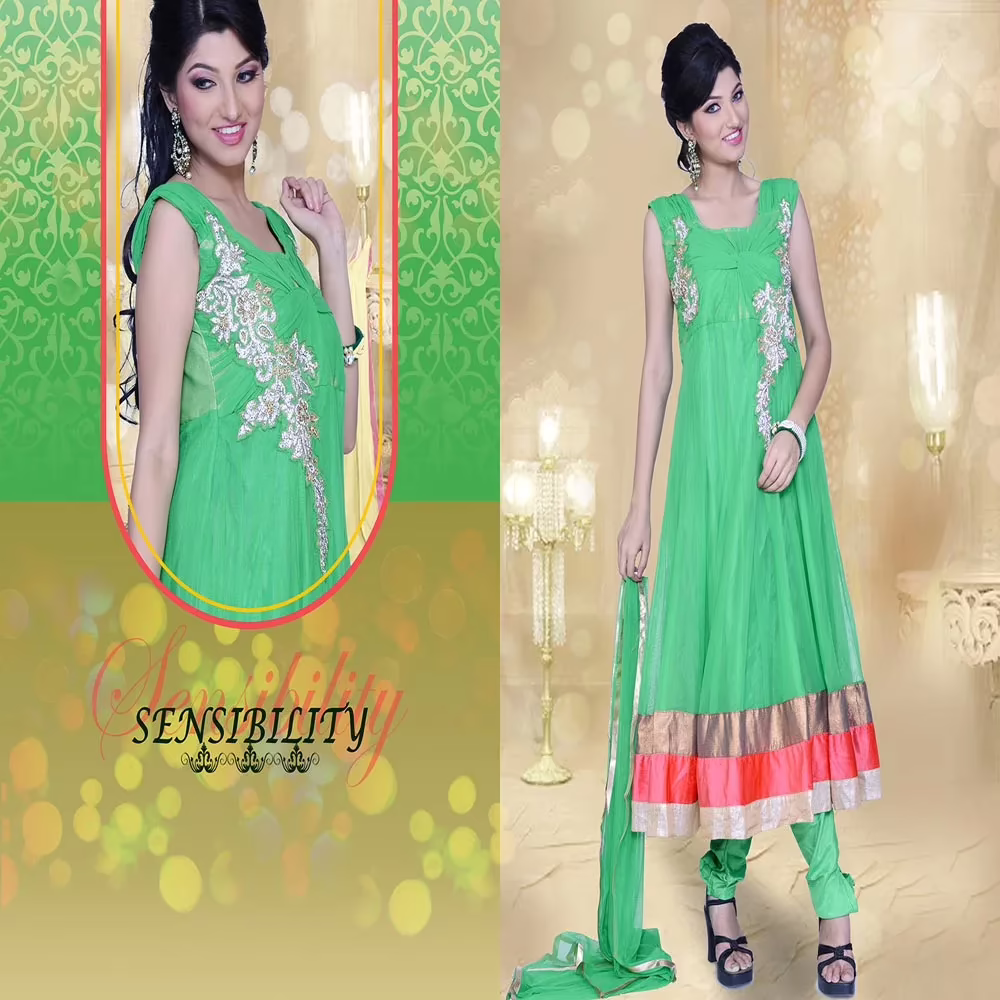 Pazaar Prakriti Anarkali Deep Lime Green Embroidered Festival Kameez - Image 2