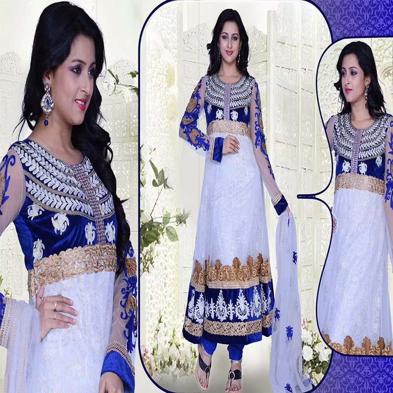 Pazaar Prakriti Anarkali Off-White & Dark Blue Embroidered Festival Kameez