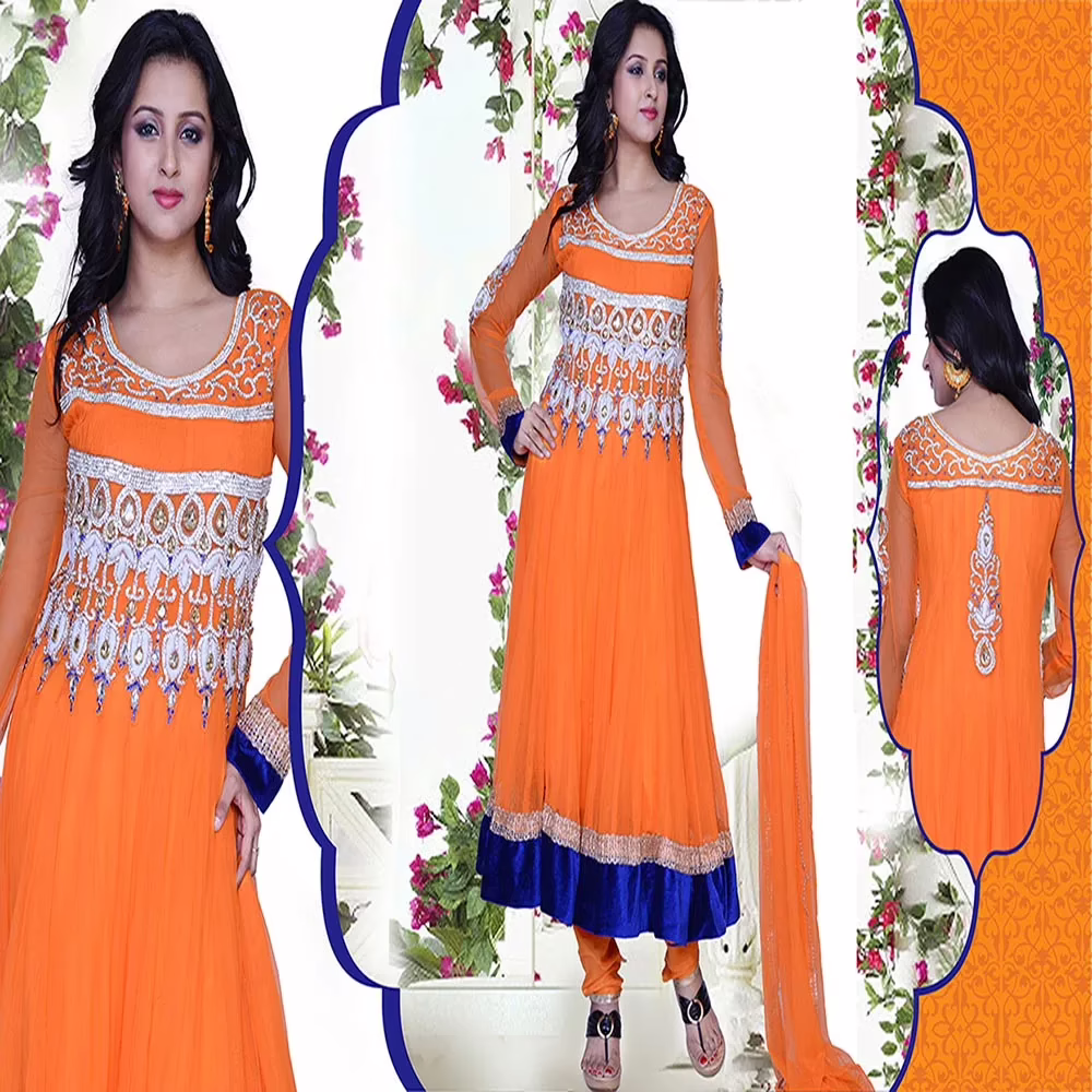 Pazaar Prakriti Anarkali Coral Orange Embroidered Festival Kameez