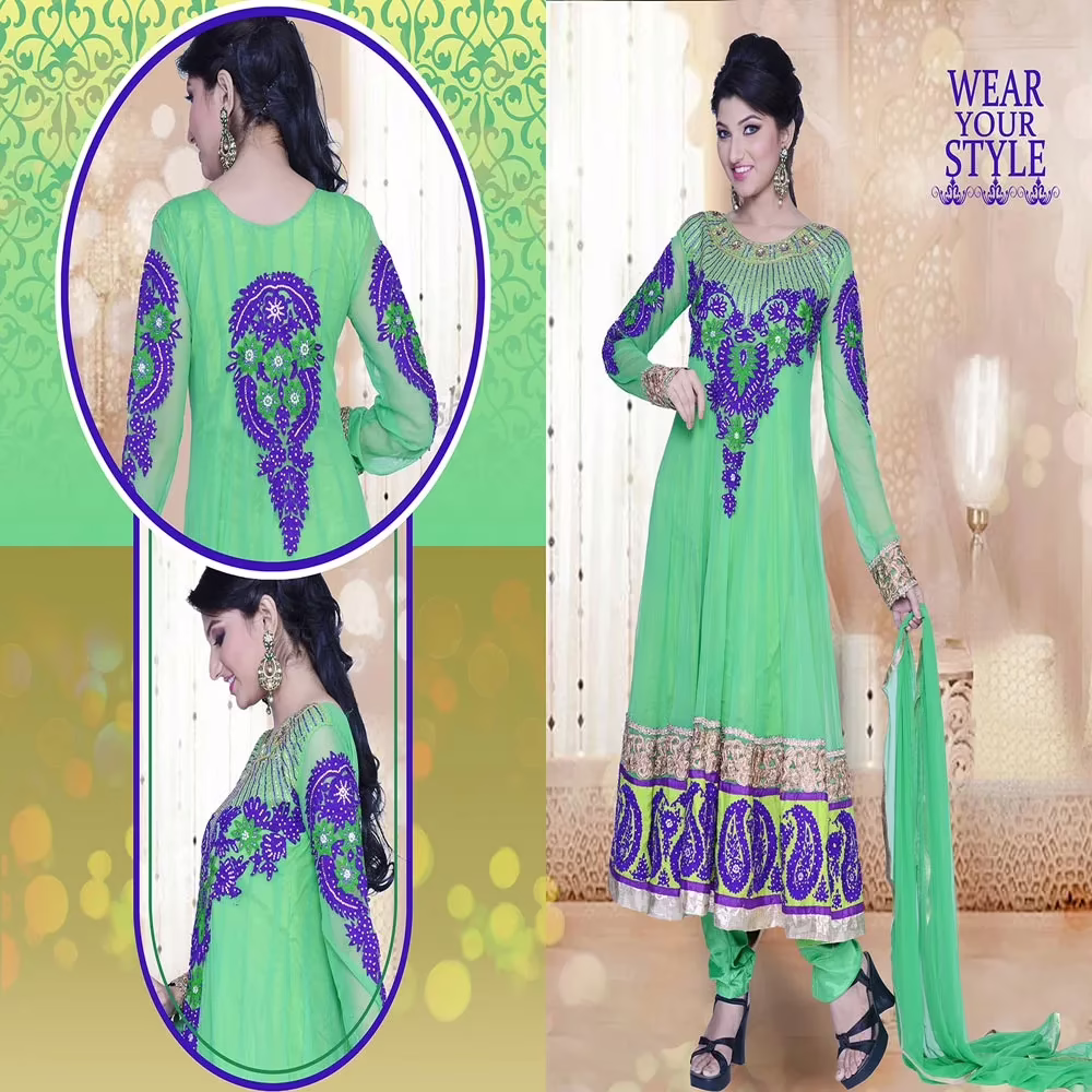 Pazaar Prakriti Anarkali Jade Green Embroidered Festival Kameez - Image 2