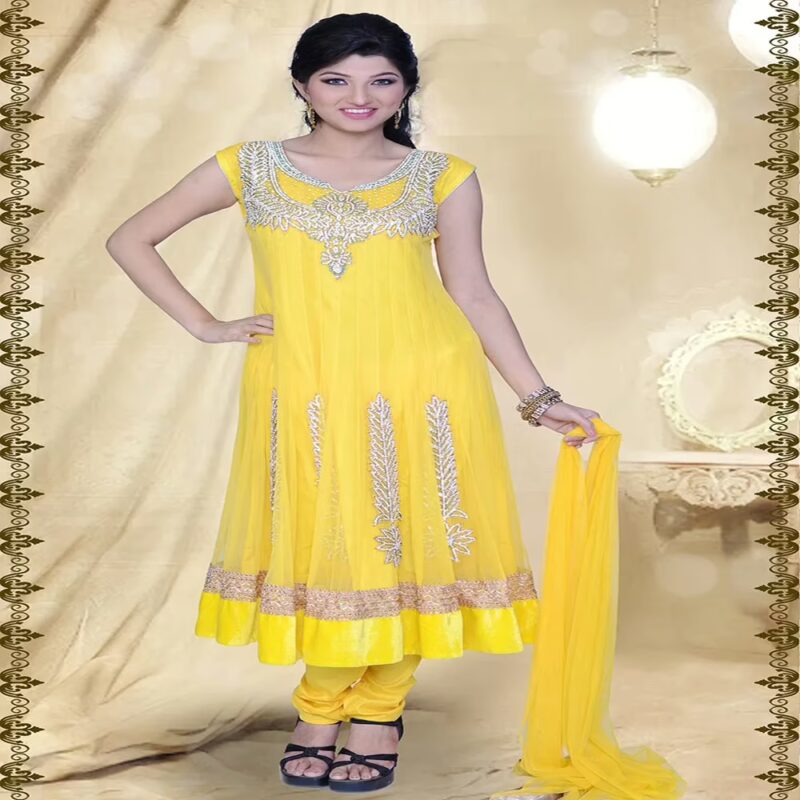 Pazaar Prakriti Anarkali Golden Yellow Embroidered Festival Kameez