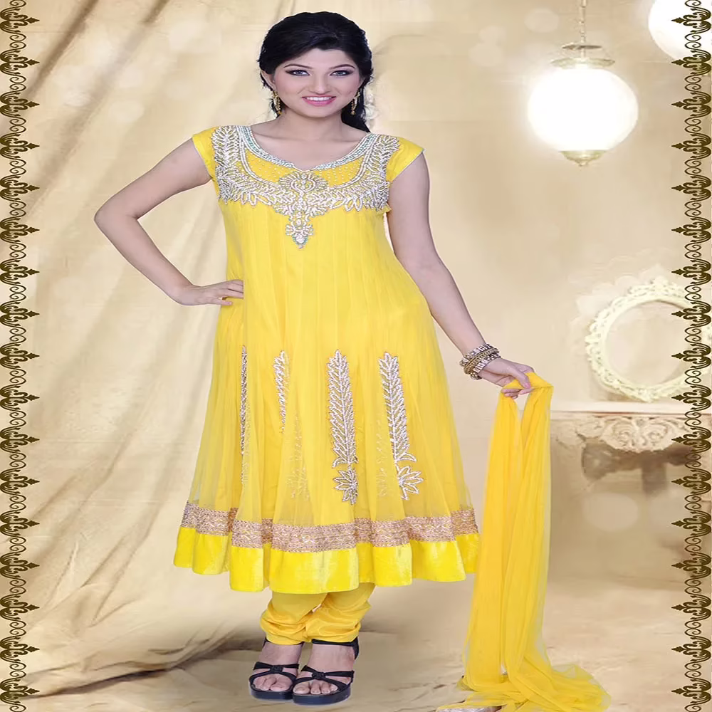 Pazaar Prakriti Anarkali Golden Yellow Embroidered Festival Kameez